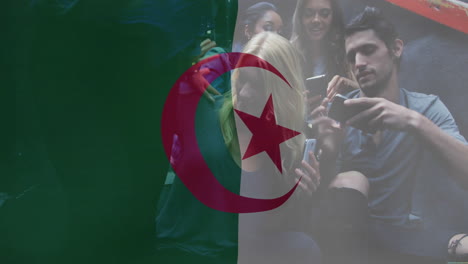 using smartphones, diverse friends with algerian flag animation in background