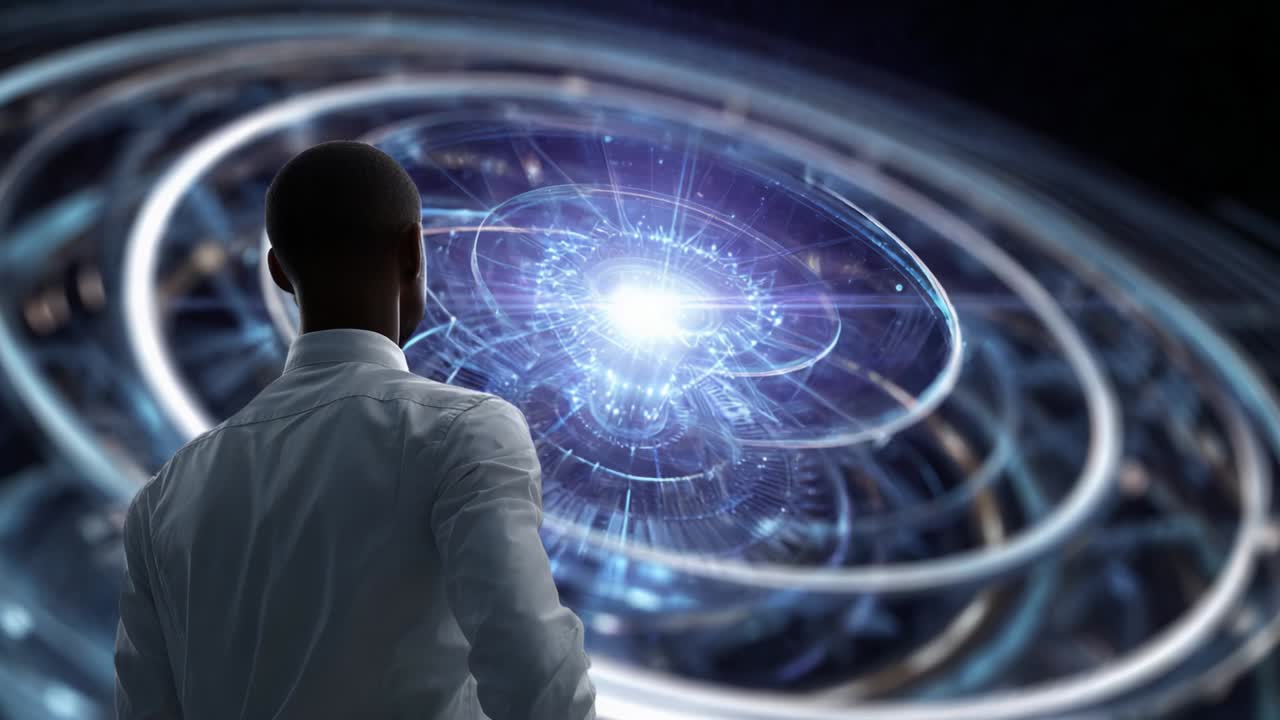 A Deep Exploration into the Mysteries of Space and Time: One Individual Stands Awed Before an Intricate Cosmic Phenomenon Manifested Through Brilliant Light and Complex Geometrical Motifs, Evoking the Wonders of the Universe