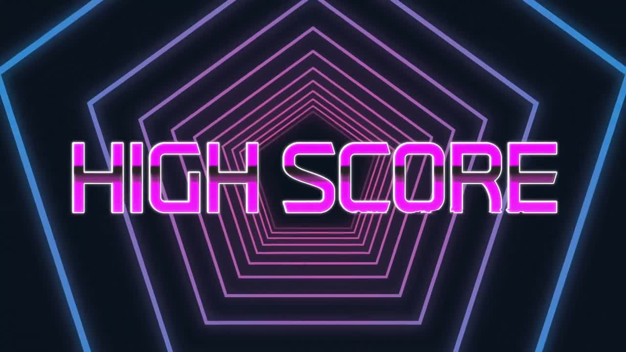 파란색 육각형에 대한 보라색 높은 점수 텍스트 검은색 배경에 원활한 움직임