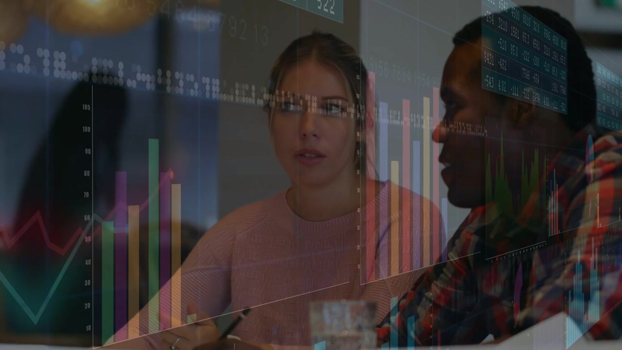 Vertical video: Business meet he talking leading bar-line charts updating she nodding aligning plan