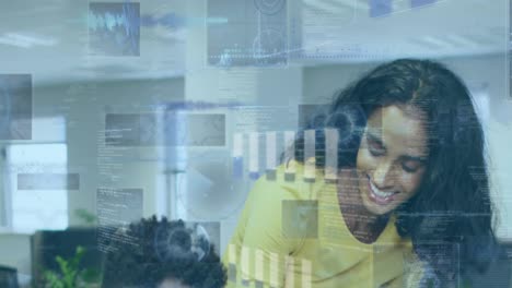 animation of financial data processing over diverse business people