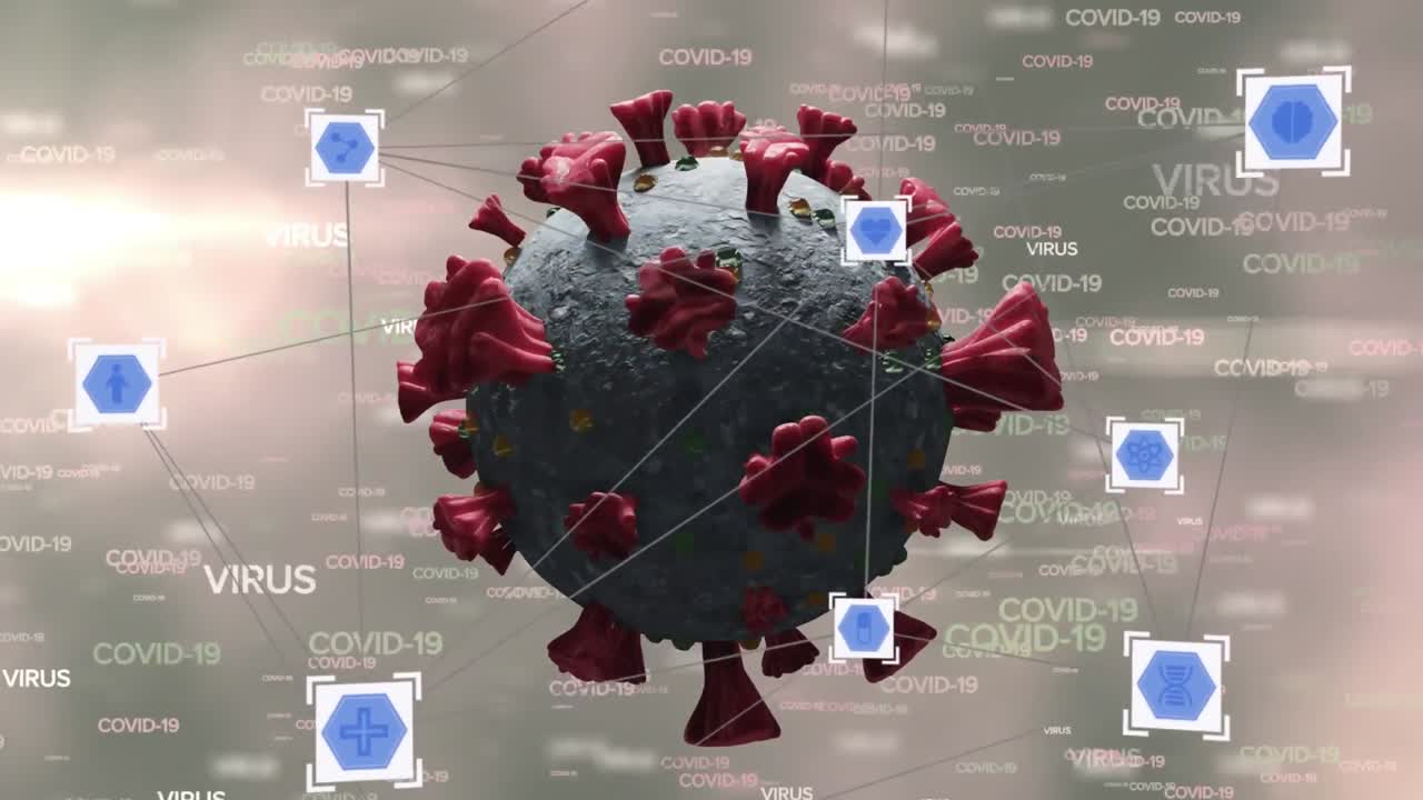 코로나19 세포 위의 디지털 아이콘이 바이러스와 코로나19에 대해 회전하고 텍스트가 움직입니다.