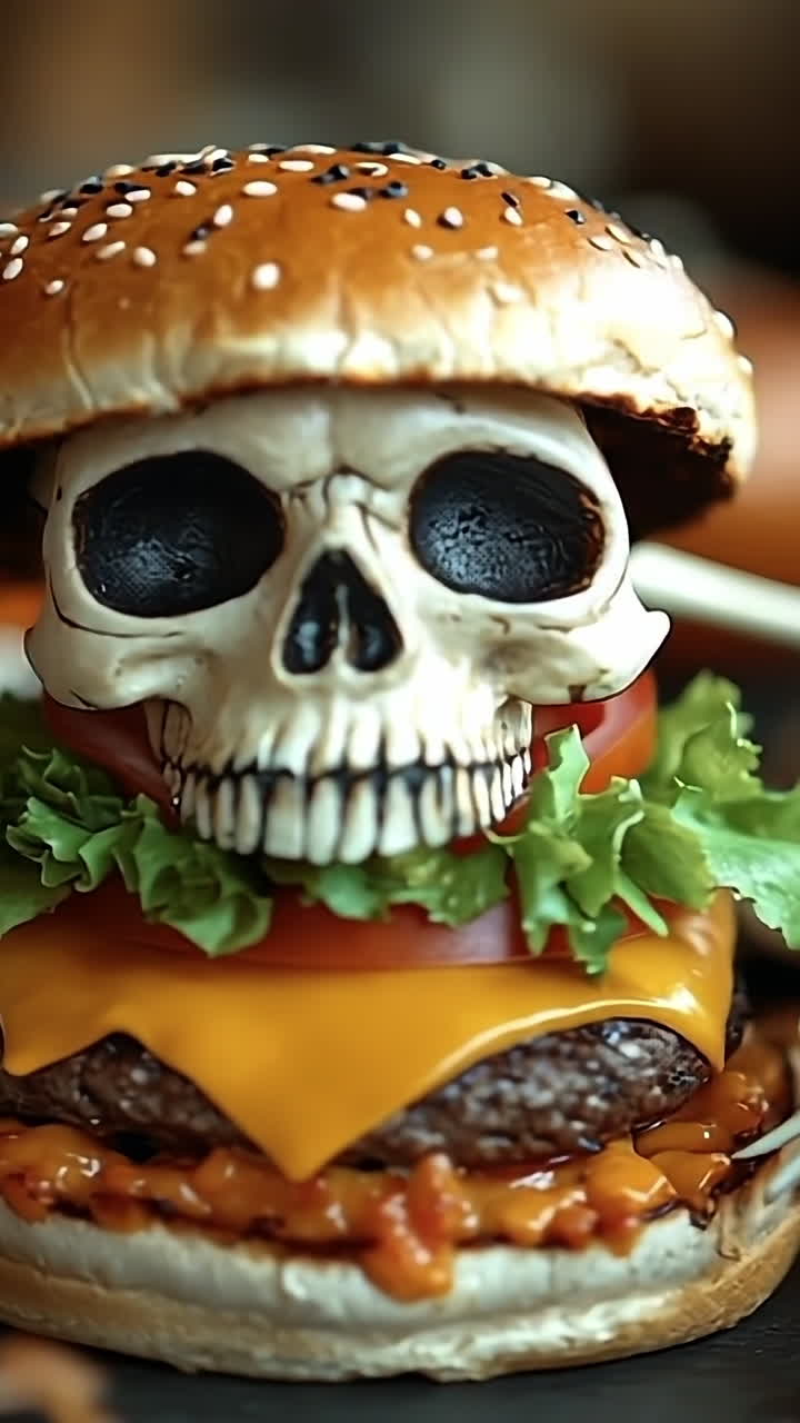 Skeleton burger Halloween decor. A skeleton-themed burger sits among pumpkins and autumn leaves, creating a fun and spooky atmosphere for Halloween.
