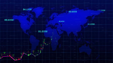 Animation-of-world-map-and-data-processing-over-dark-background