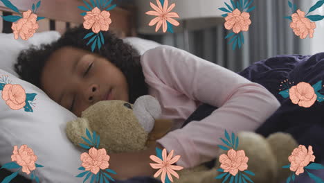 animación de flores sobre una niña afroamericana durmiendo