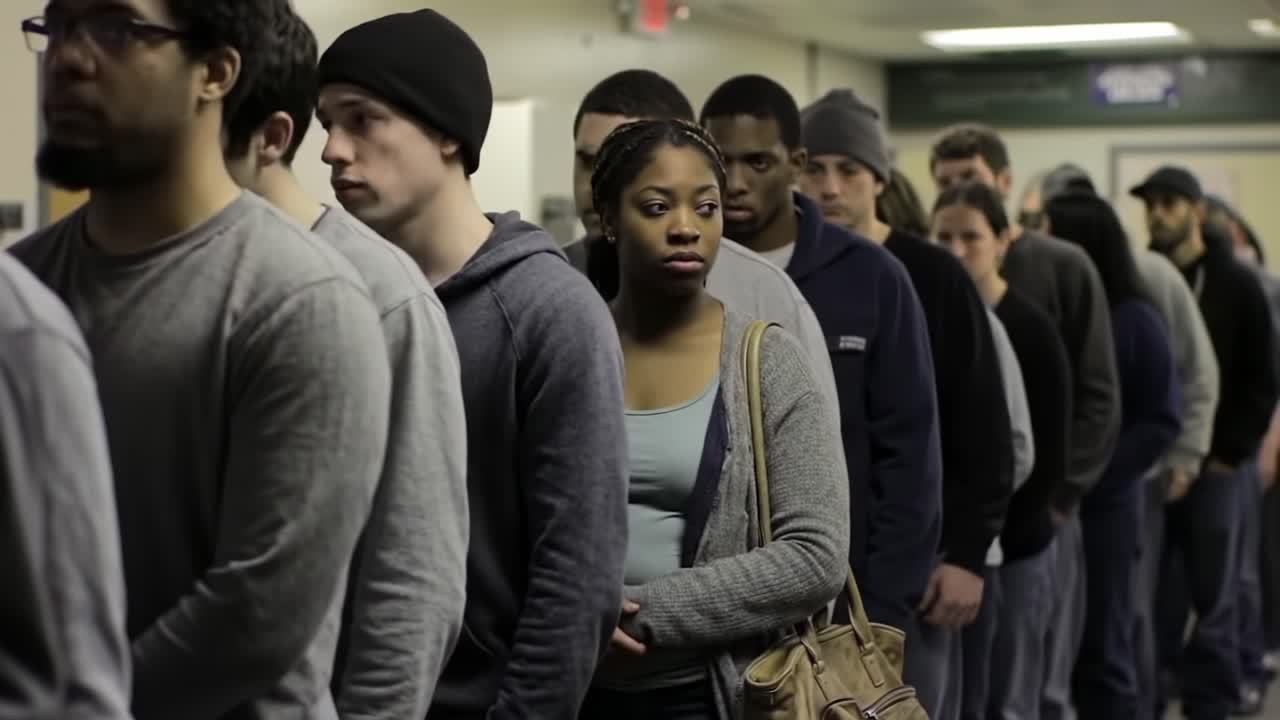 A Long Line of People Waiting in a Corridor, Highlighting the Experience of Anticipation in a Shared Moment of Quiet Reflection and Community Engagement
