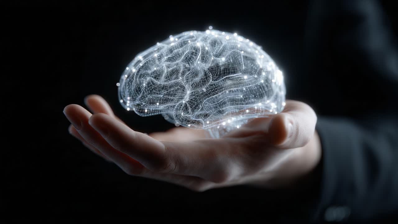 A Digital Representation of the Human Brain Held in Hand, Symbolizing Innovation, Knowledge, and the Future of Neuroscience and Technology Integration