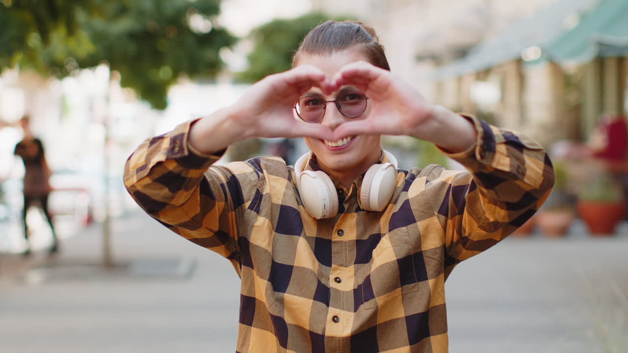 Caucasian young man tourist makes symbol of love showing heart sign to camera on urban city street