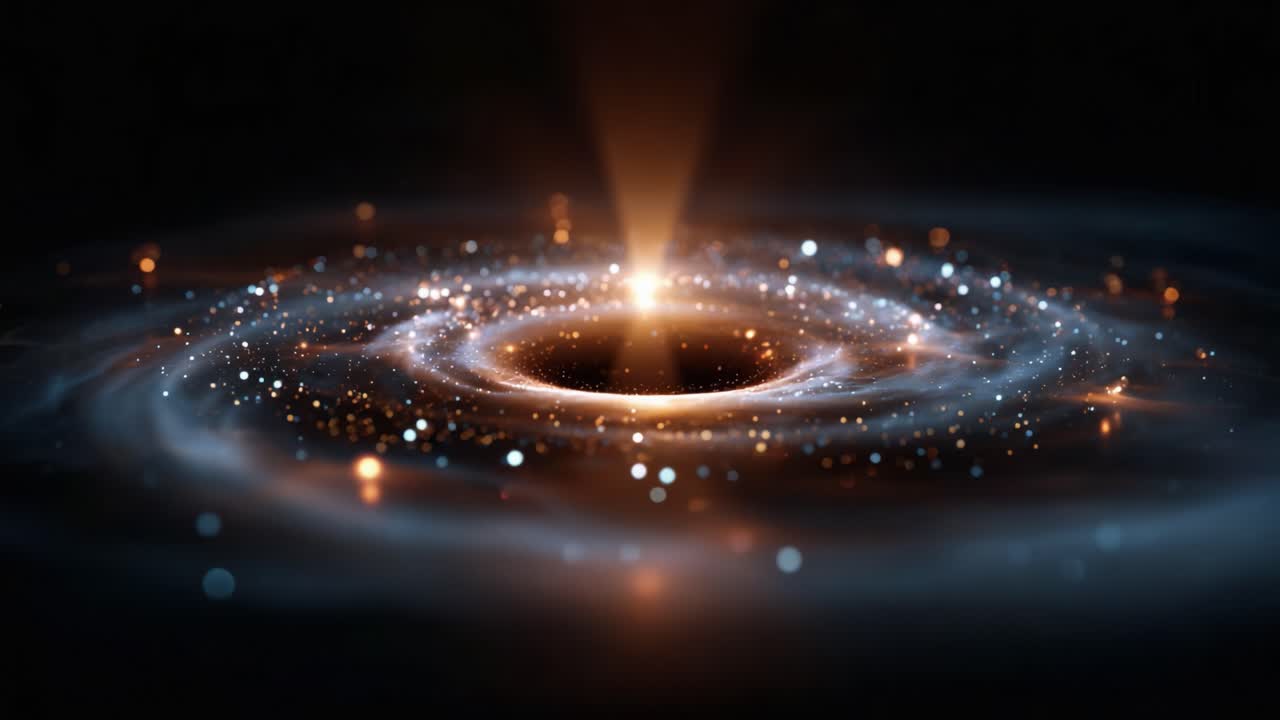 A mesmerizing view of a swirling cosmic black hole surrounded by luminous stardust and sparkling particles, showcasing the beauty of the universe's mysteries