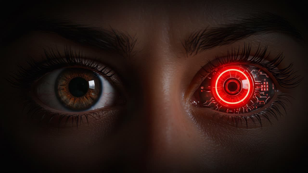A Cyborg's Gaze: Exploring the Fusion of Human Emotion and Futuristic Technology through the Powerful Contrast of Natural and Mechanical Eyes in a Stunning Visual Representation