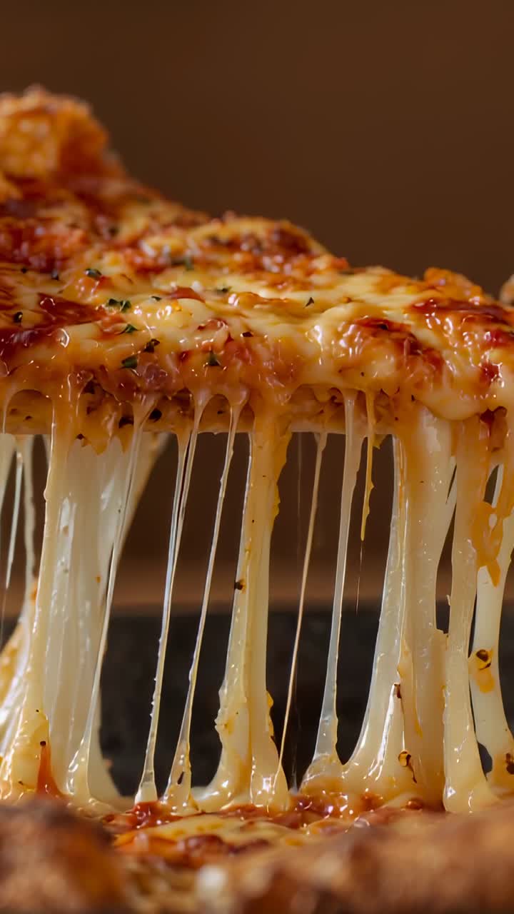 Video verticale: mano che solleva una fetta di pizza sul set, formaggio filante, crosta, salsa ed erbe in evidenza