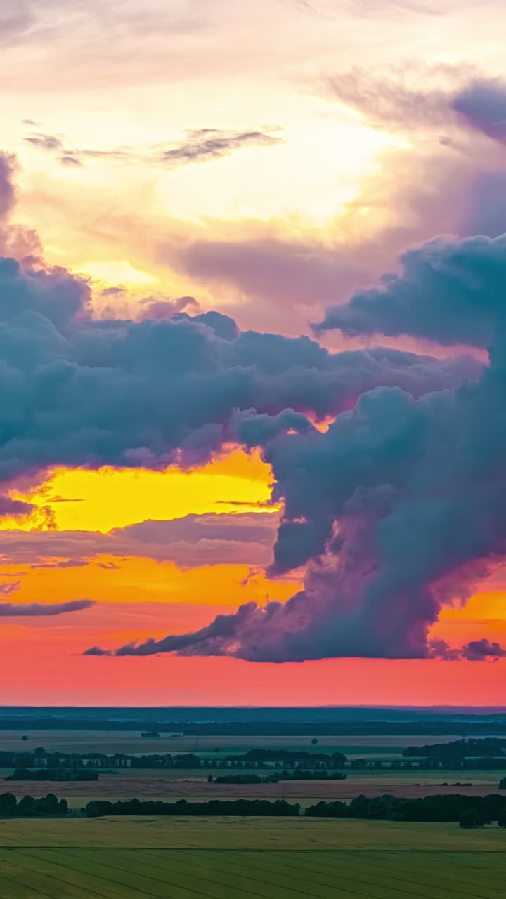 Dramatic storm clouds lit by sunset over flat agricultural land, swirl and dissipate dissolving in sky, vertical