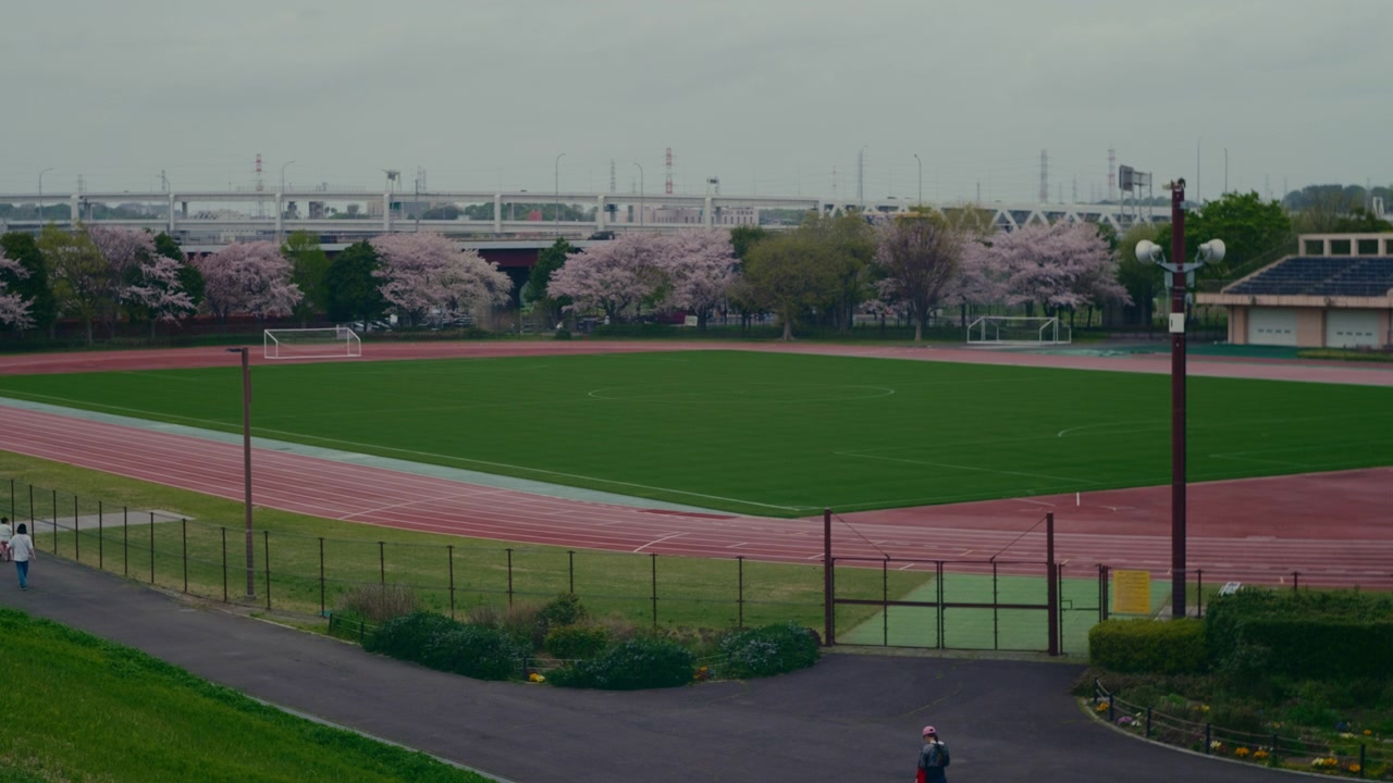 桜の季節に花が咲く木々がある景色の良い日本のサッカー場