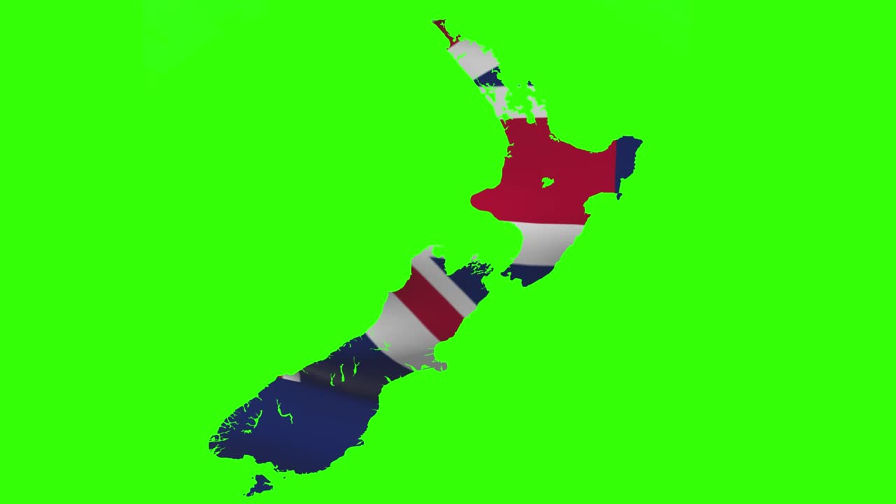 뉴질랜드의 국가 모양은 녹색 화면에 국가 발을 흔들고 있는 애니메이션으로 그려져 있습니다.