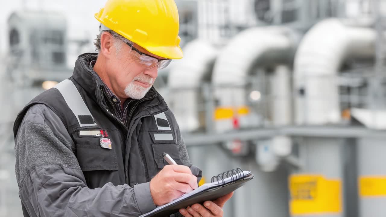 A Safety Inspector Documenting Observations at an Industrial Site with Piping and Equipment in the Background, Ensuring Compliance and Functionality