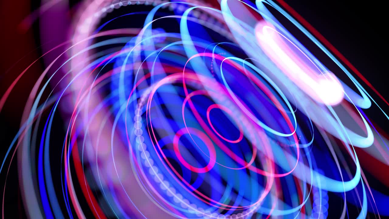 Light flow in ring structure, bg in 4k. Abstract looped background with light trails, stream of red blue neon lines in space form rings. Modern trendy motion design background. Light effect,