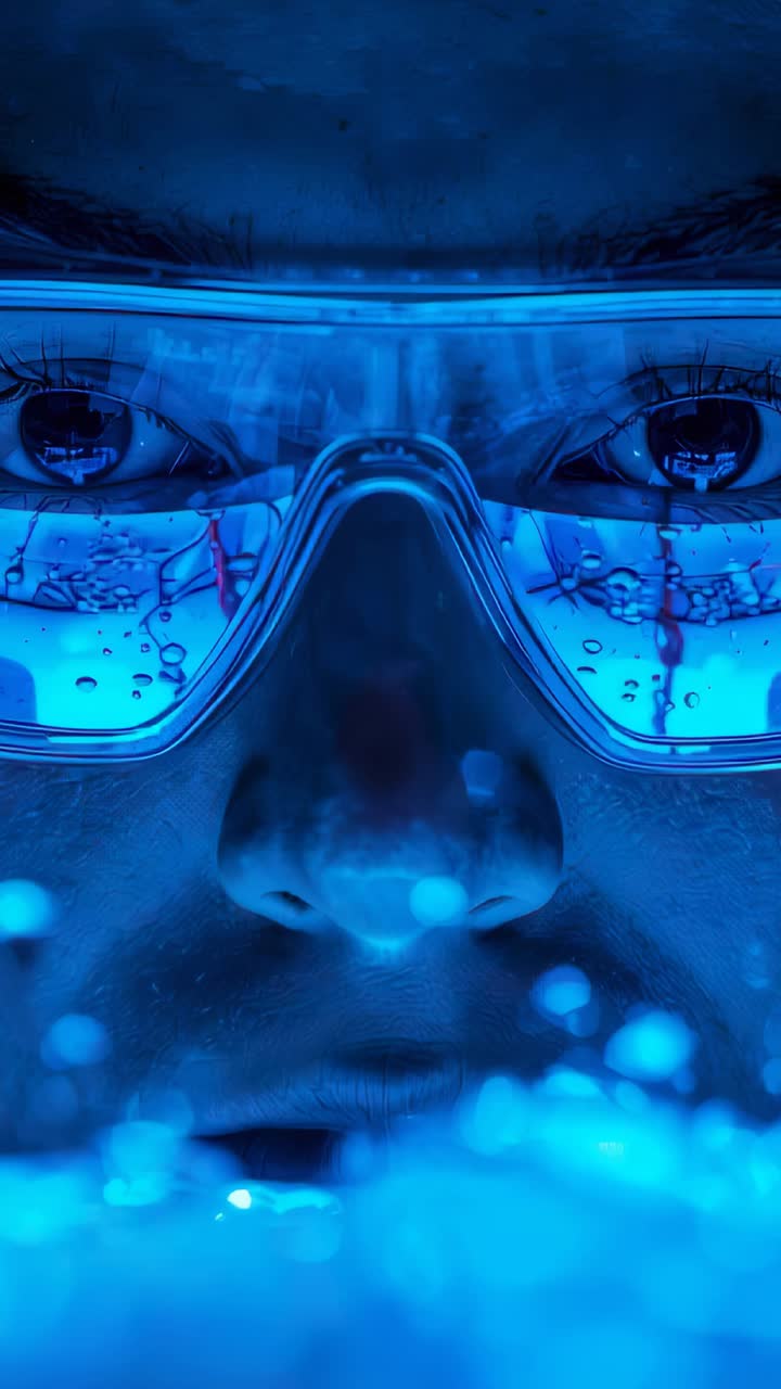 Vertical video: Camera recording filming swimmer holding breath, gazing in pool, goggle droplets