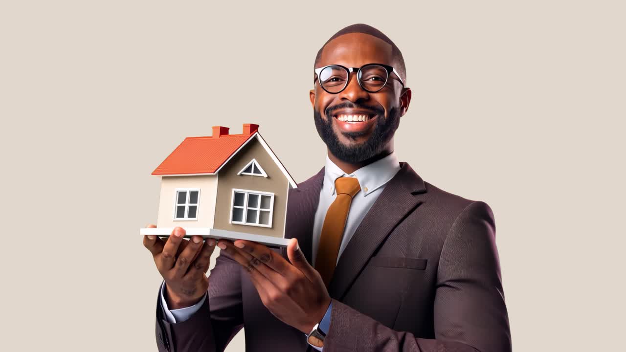 Agent immobilier confiant tenant une animation de maison miniature, ressource isolée, vidéo 4K transparente, alpha