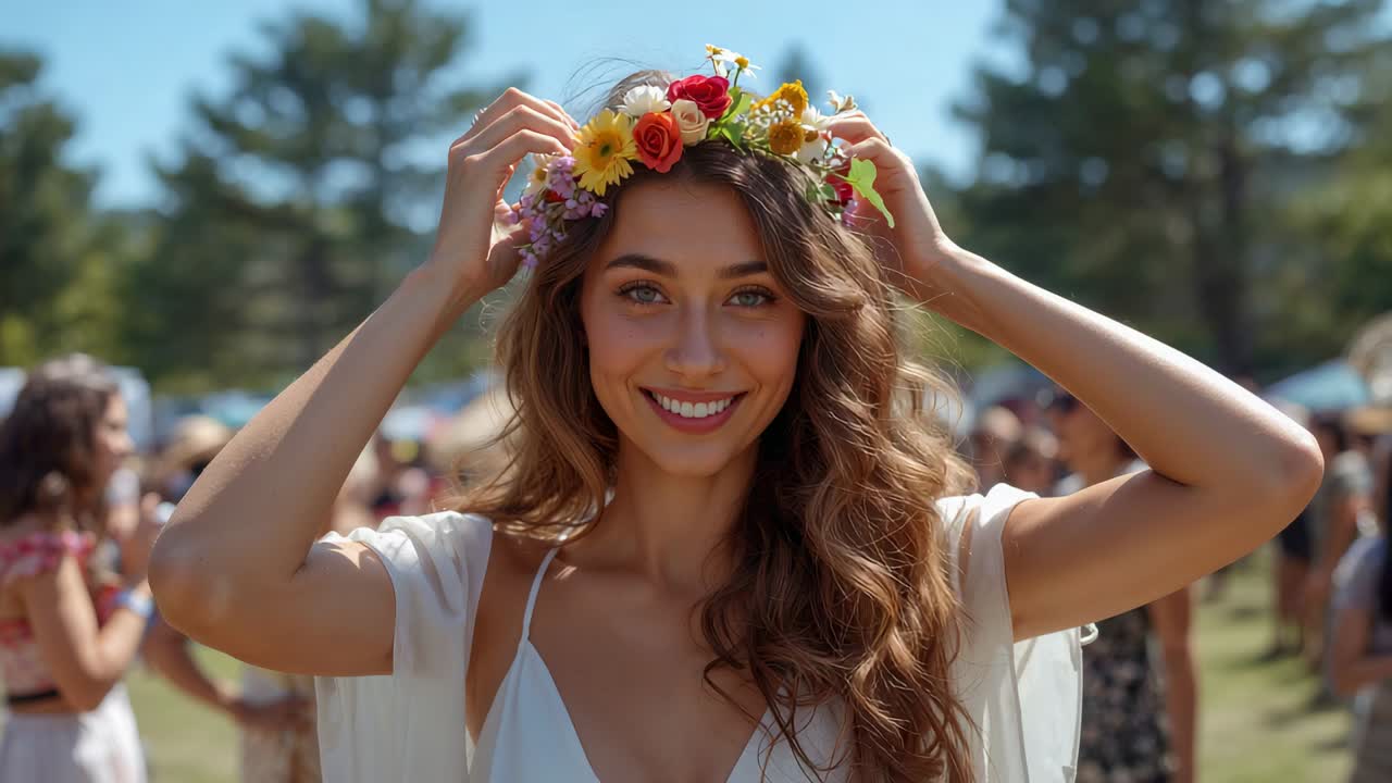 Smiling woman wearing white dress, shawl holding, placing floral crown at park festival celebrating