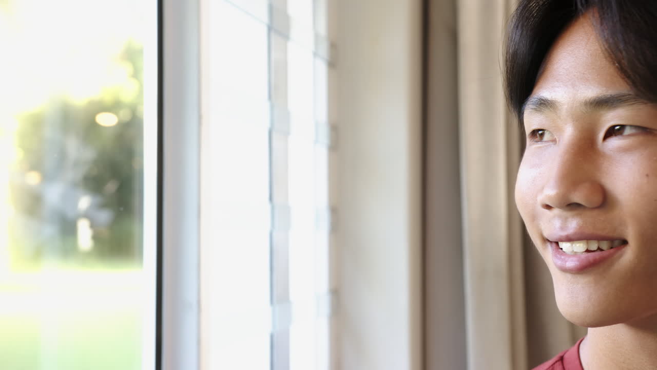 Looking out window, smiling teenage boy enjoying peaceful moment indoors, copy space