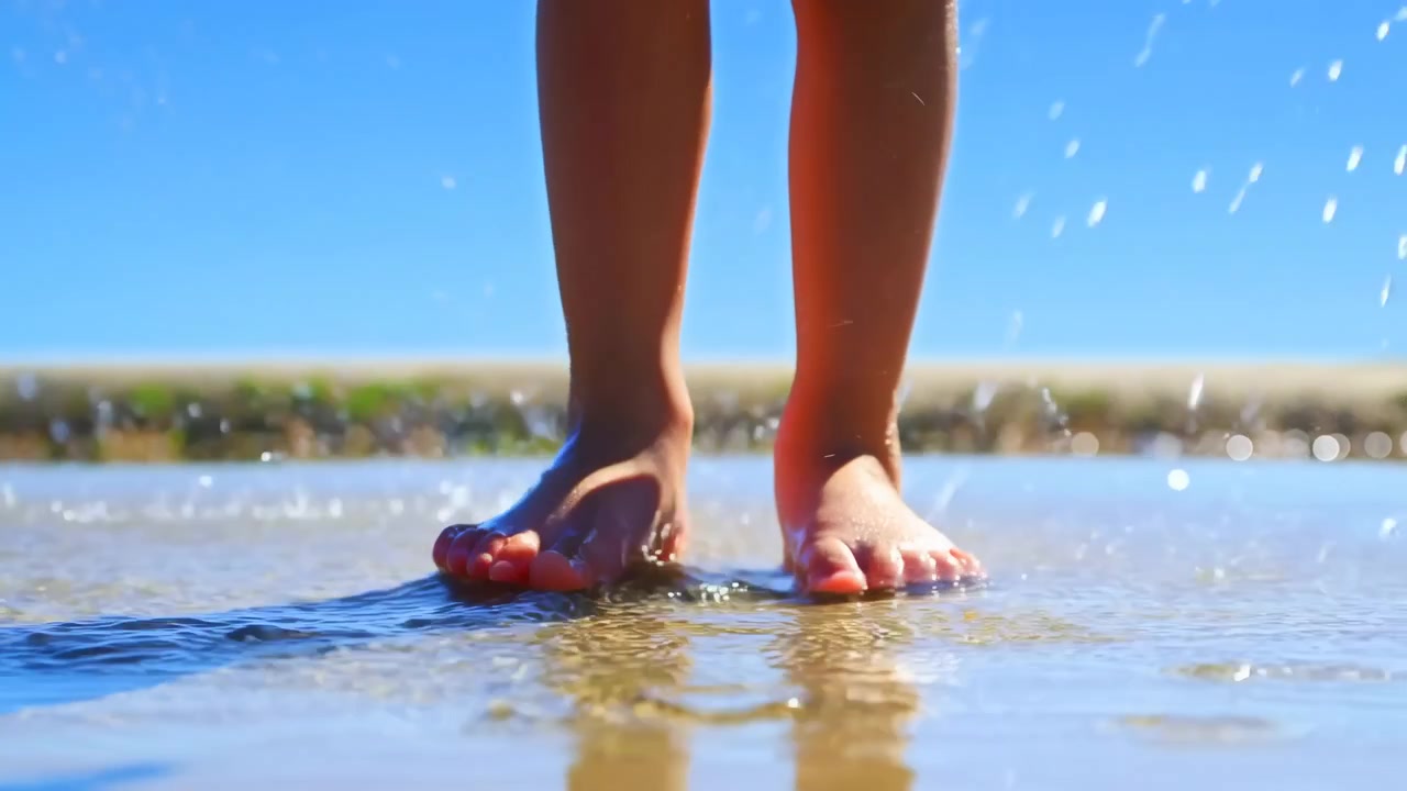 Primo piano dal basso che mostra un bambino a piedi nudi che cammina nell'acqua bassa della spiaggia, con le dita dei piedi che premono la sabbia bagnata mentre un piede si solleva e schizzi, spruzzi e goccioline catturano la luce brillante del sole lungo la battigia.
