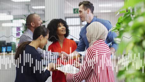 animation of financial data processing over diverse business people in office