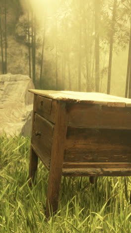 a wooden table in a bamboo forest