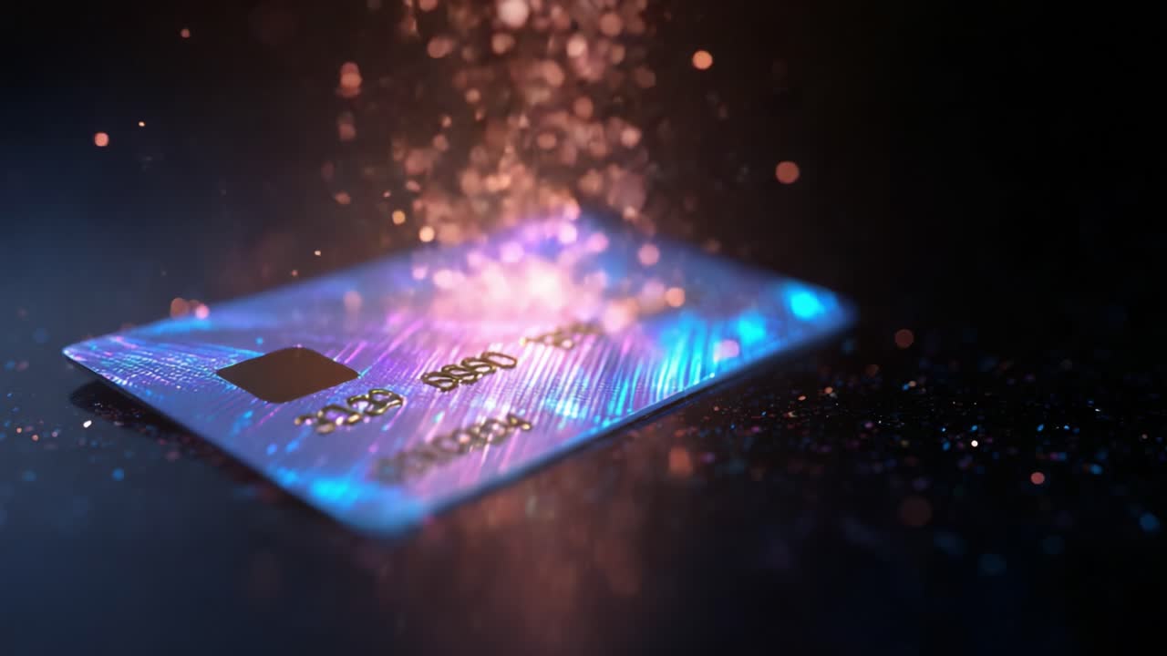 A mesmerizing digital representation of a credit card surrounded by vibrant particles, showcasing a striking blend of colors and a futuristic aesthetic in the realm of finance technology
