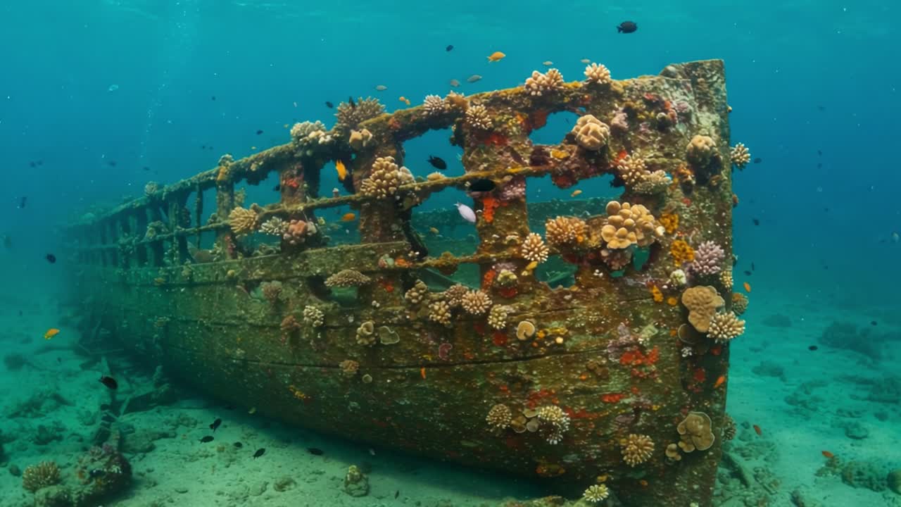 Underwater Exploration of an Ancient Shipwreck Adorned with Vibrant Coral and Marine Life, Revealing the Beauty of Submerged History and Ecosystems