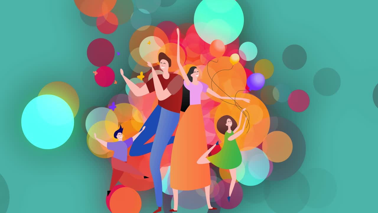 animación de una familia feliz bailando con globos sobre un fondo azul