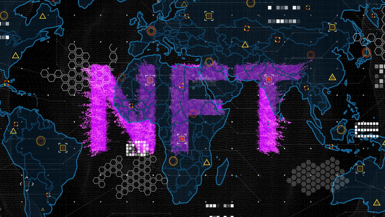 Animation of digital world map with purple NFT text and network connections