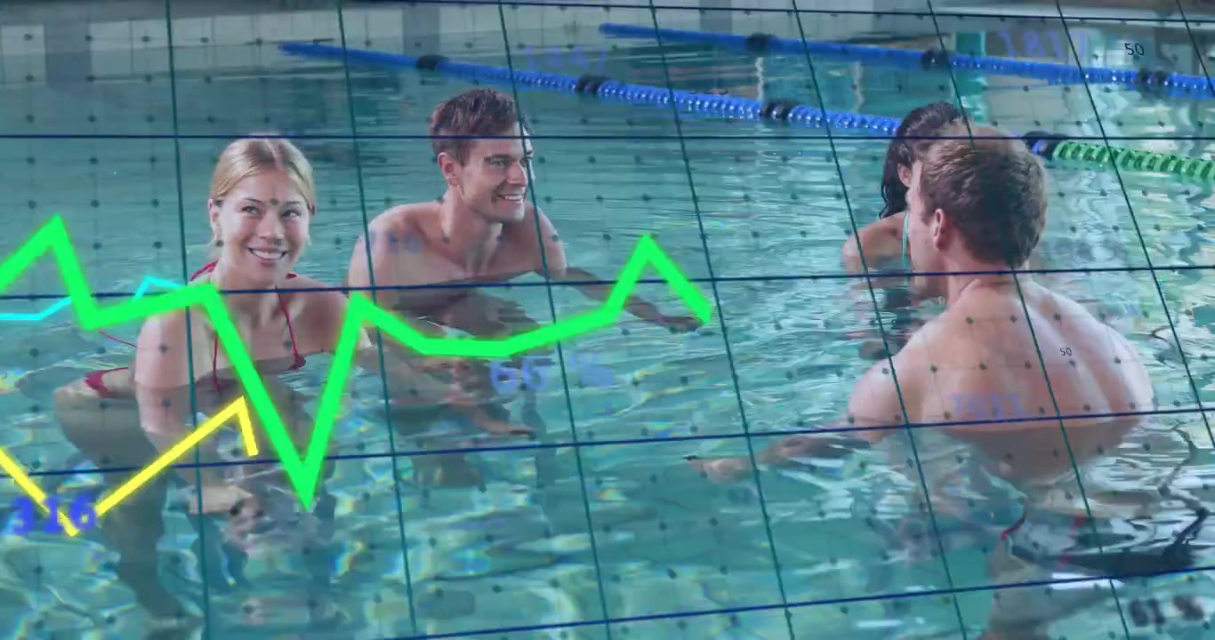 Amigos em pé com água até o peito na piscina, observando grade aparecendo e rastreando linhas de análise de dados