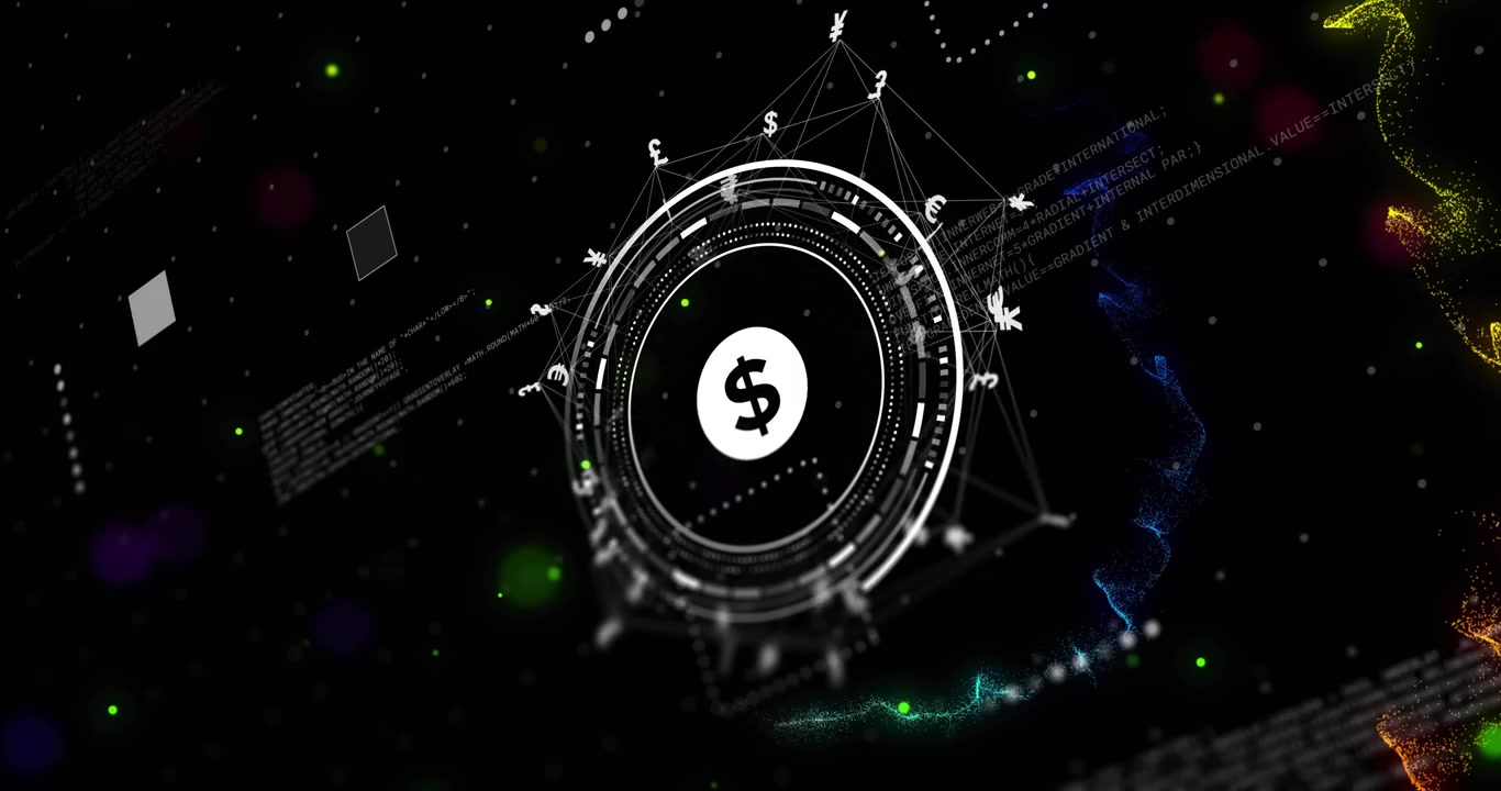Câmera orbitando, iniciando um HUD de dólar girando e inclinando enquanto fitas pulsam, mostrando finanças.