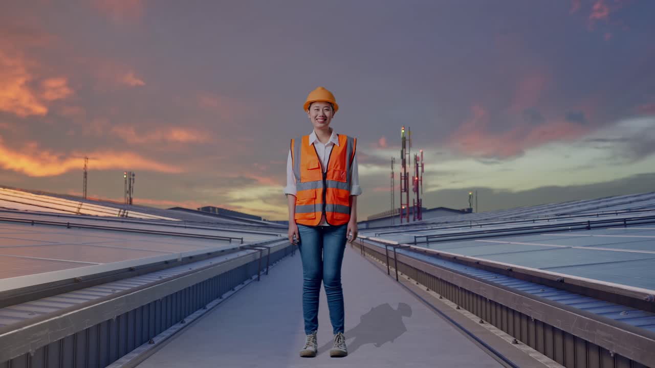 Cuerpo completo de ingeniera asiática con casco de seguridad sonriendo a la cámara mientras está de pie e inspecciona paneles solares industriales en la azotea.