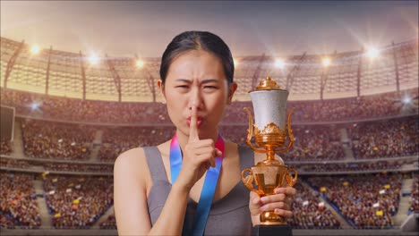 athlete with trophy and medal in stadium