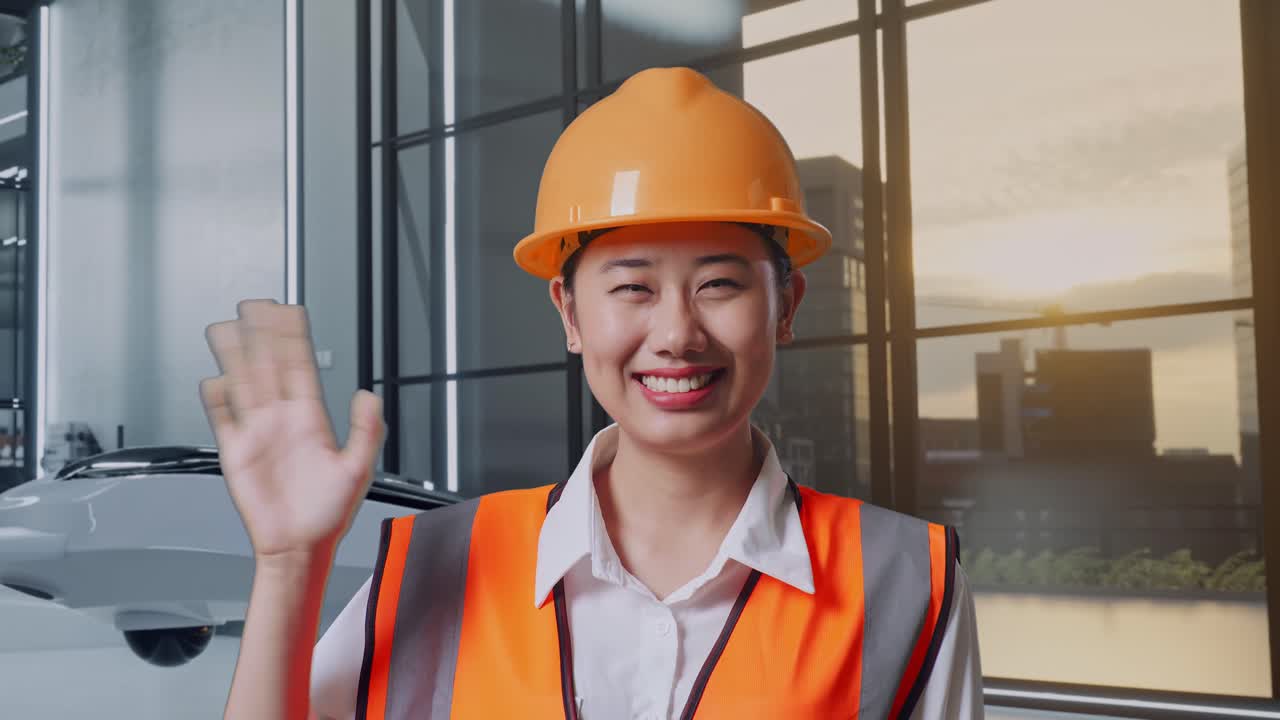 현대적인 사무실에서 손을 흔들고 있는 여성 건설 노동자