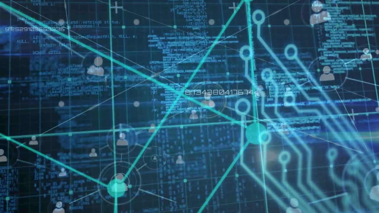 animación de pantalla digital con diversos datos, cubo, circuito integrado y conexiones