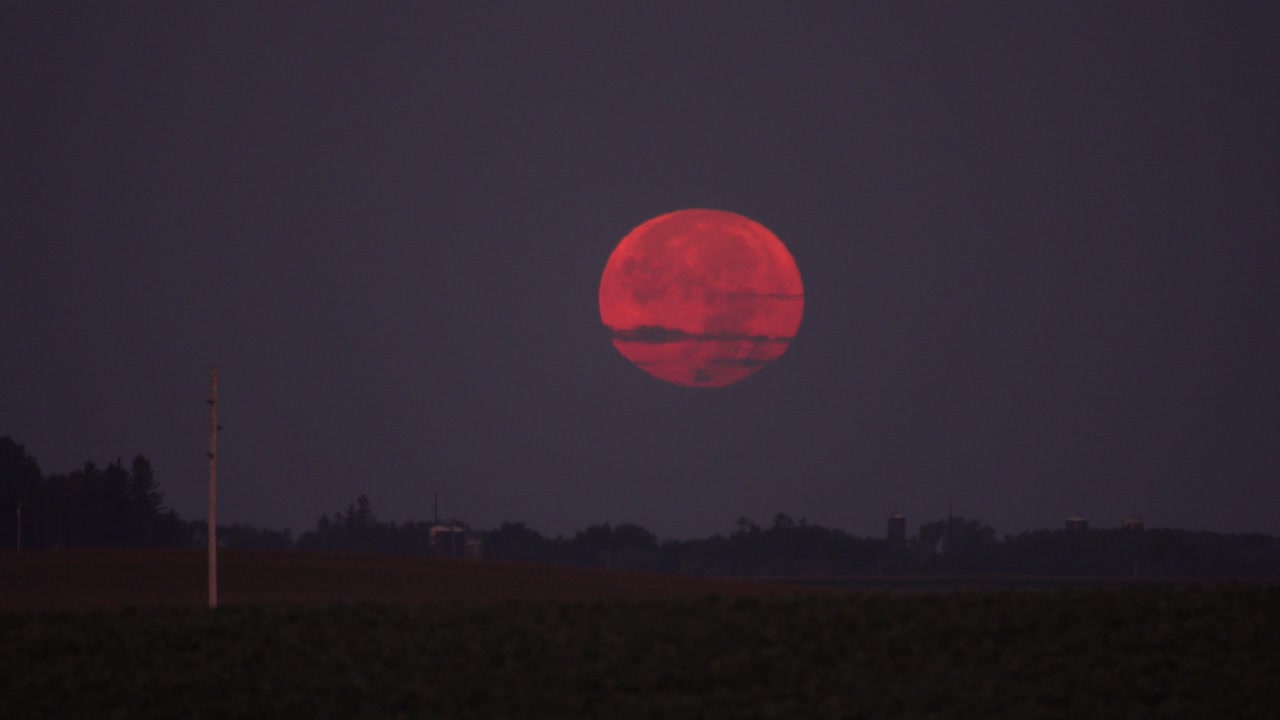 Dramatic Red Full Moon Rising Over Rural Field at Night