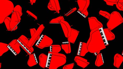 muchos pianos rojos sobre un fondo negro.