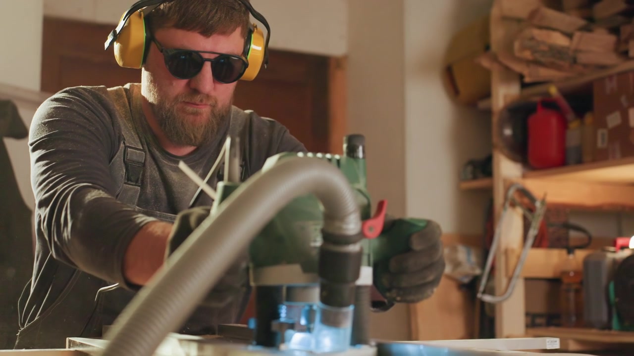 Un artigiano esperto utilizza utensili specializzati per modellare il legno con estrema attenzione. L'uomo indossa dispositivi di protezione mentre utilizza macchinari progettati per lavori di precisione, circondato dall'officina