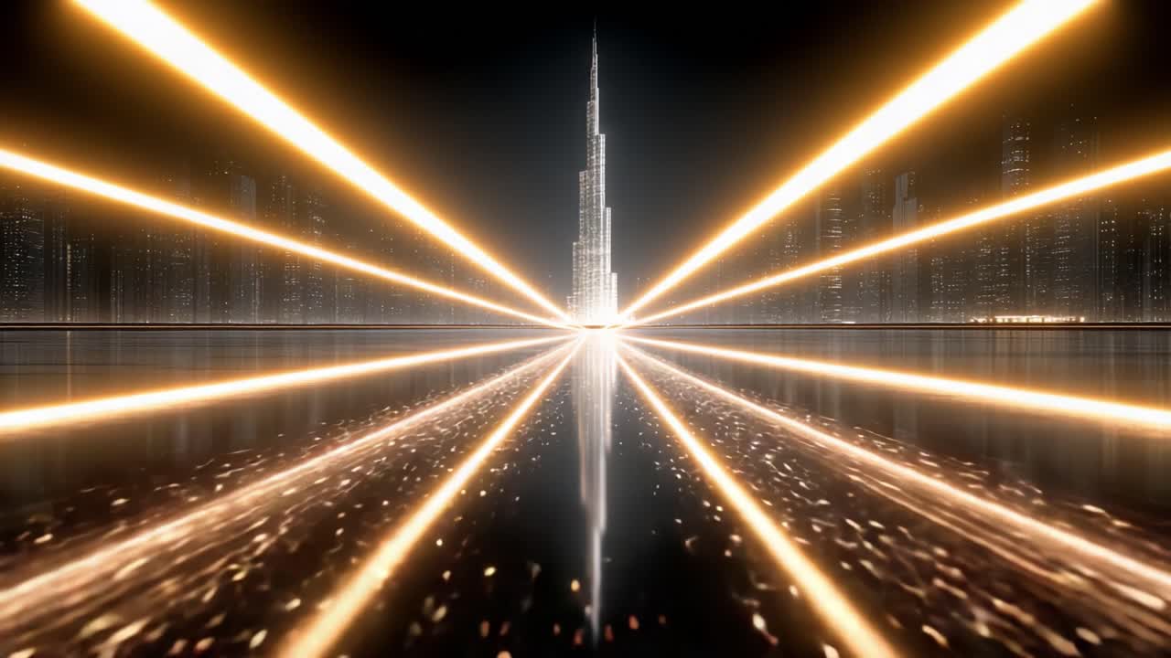 Futuristic Dubai skyline at night featuring the glowing Burj Khalifa with golden light trails and sparkling particles moving towards the viewer. Creating a dynamic and luxurious cityscape perspective