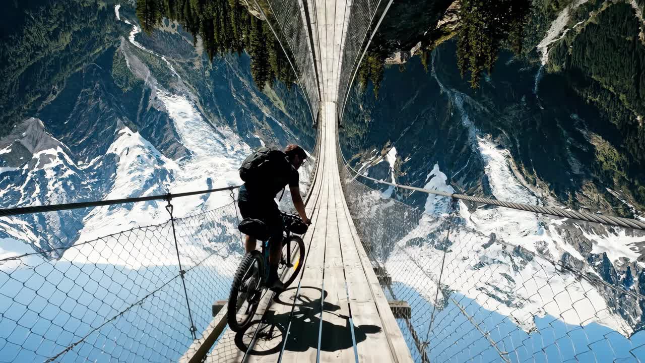 Abenteuerlustiger Radfahrer überquert Gebirgs-Hängebrücke mit umgekehrter Ansicht