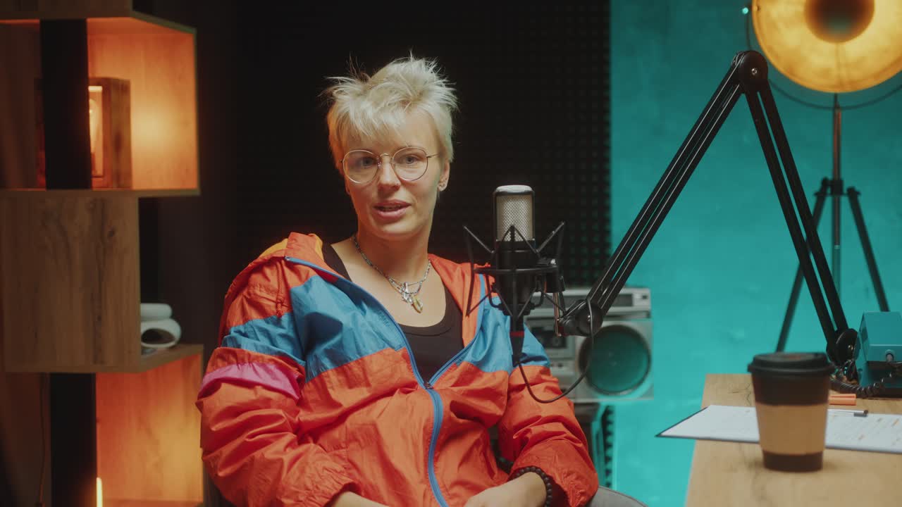 Female Blogger Looking at Camera and Talking in Mic in Podcast Studio