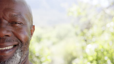 half portrait of happy bald senior african american man in sunny nature, copy space, slow motion