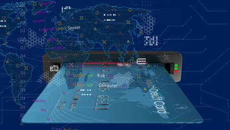 animación de tarjetas de crédito y procesamiento de datos a través de la red global sobre fondo azul