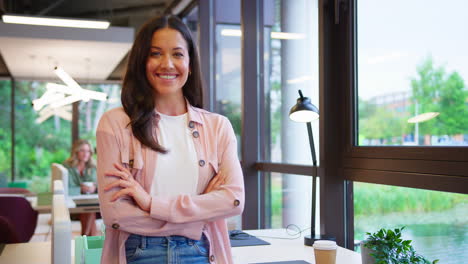 retrato de una mujer de negocios sonriente de pie junto al escritorio en una oficina moderna de plan abierto