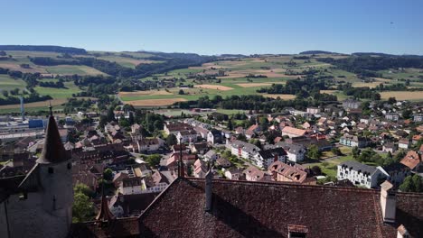 lucens medieval town switzerland castle overlooking vaud canton municipality drone aerial