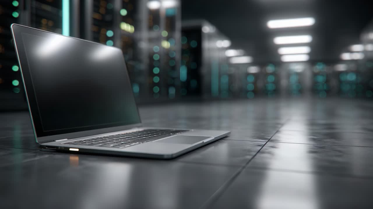 A sleek laptop placed on a polished floor amidst high-tech server racks, illustrating the convergence of personal technology and advanced data management environments