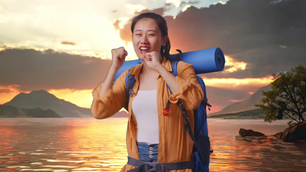 Woman Dancing at Sunset with Backpack
