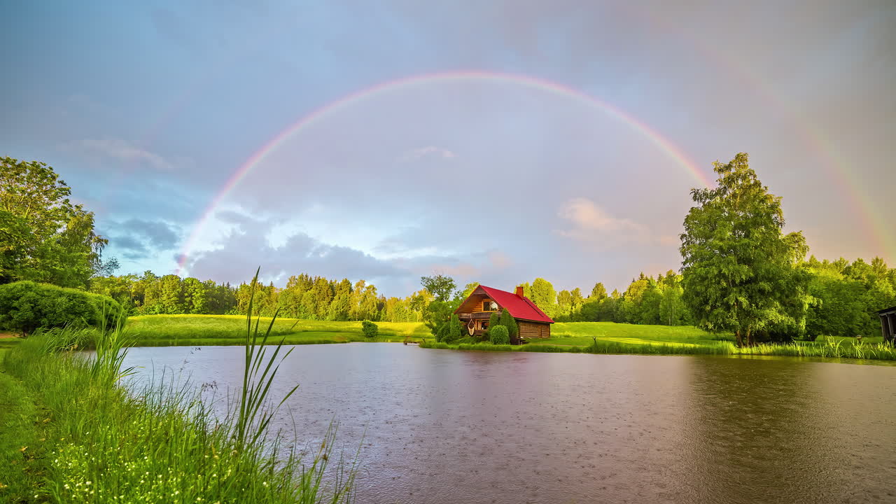 casa de madera en el campo cerca del lago con reflejo de espejo en el agua y arco iris arriba